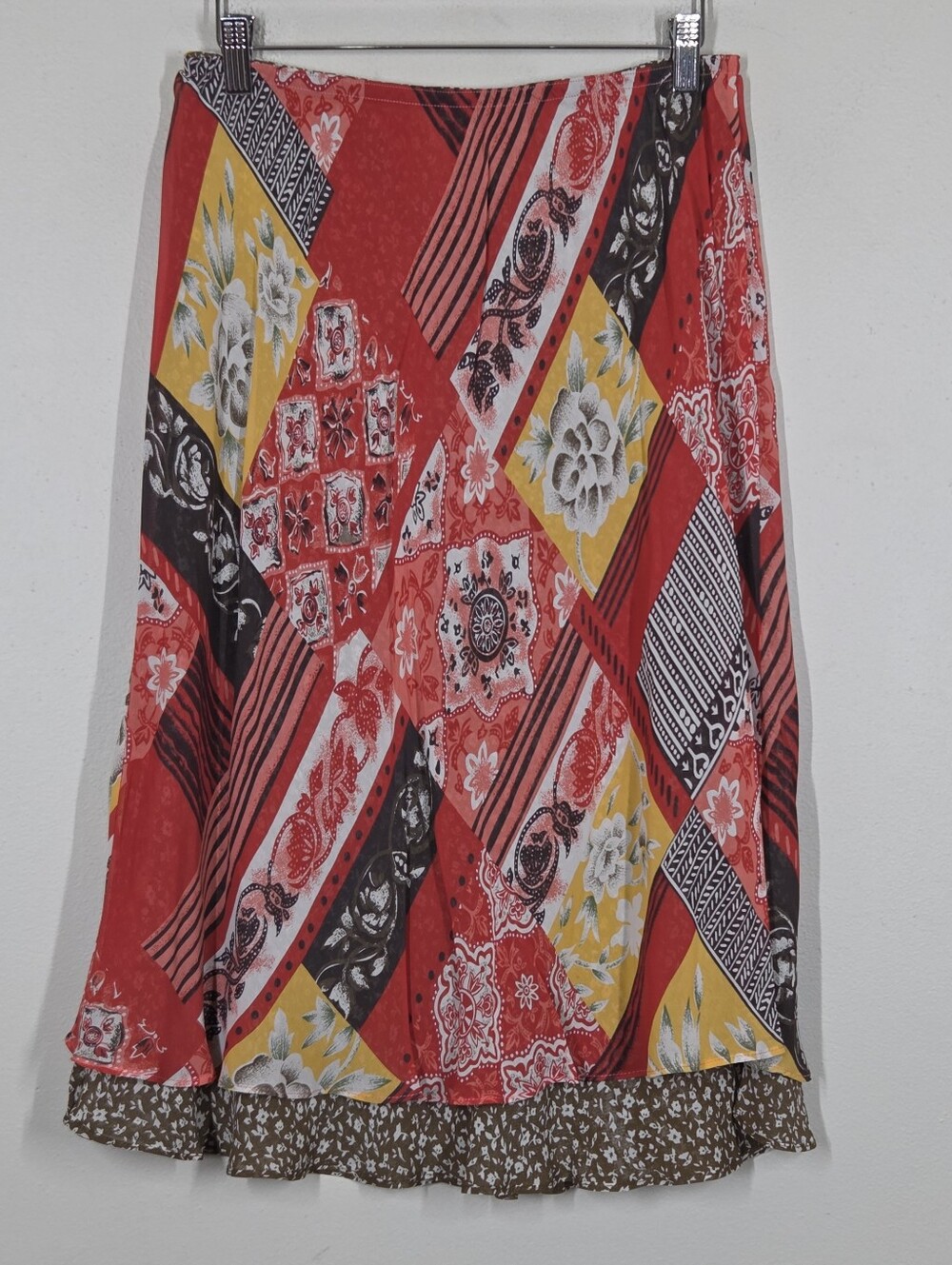 Vtg Y2K Red Patchwork Floral Reversible Midi Skirt PM Boho Fairy Grunge Artsy